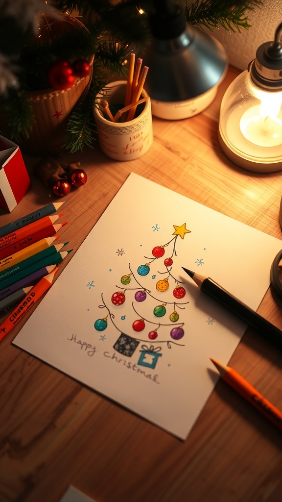 Simple Christmas Aesthetic Drawing Tutorial A simple Christmas drawing of a tree and snowflakes on a desk with colored pencils.